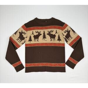 Vintage Lord & Taylor Moose Fair Isle Brown Tan Cozy Winter Sweater